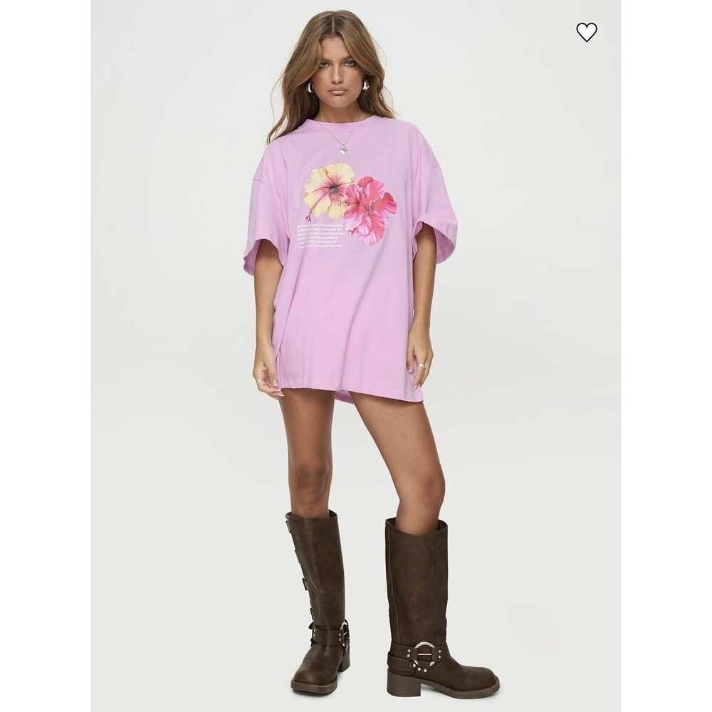 Princess Polly Pink Hibiscus Haven Organic Cotton Oversized Tee T Shirt M/L